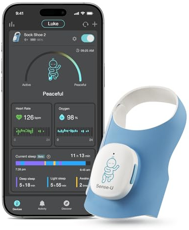 Sense-U Smart Sock Shoe 2 Baby Monitor – Tracks Heart Rate and Sleep Patterns with Transmissive PPG Foot Sensor, for 1–12 Months