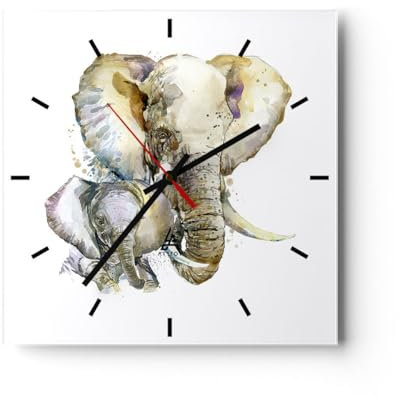 Modern Wanduhr Elefanten Tier Safari Afrika 40x40cm Quadrat Groß Wand Uhr Glas Analog Zimmeruhren Küche Büro Wohnzimmer Glasuhr Wall Clock Dekoration Design Wanddekoration Küchenuhr C3AC40x40-2884