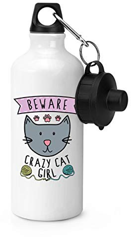 Gift Base Beware Crazy Cat Girl Sports Bottle Water Gym 600ml White