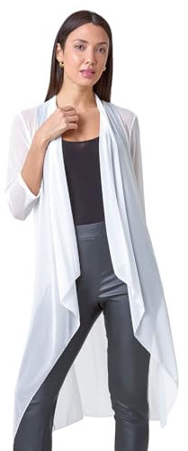 Roman Originals Women's Mesh Sheer Longline Kimono - Ladies Fashion Cover ups for Formal Fancy Casual Everyday Work Evening Dinners Party Christmas New Years Occasions - Ivory - Size 10