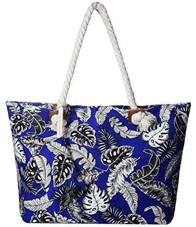 DonDon Strandtasche XXL mit Reißverschluss - Umhängetasche Damen, Shopper Tasche Damen im Beach Look mit Schulterriemen - Urlaub Must Haves Beach bag - Blätter und Federn