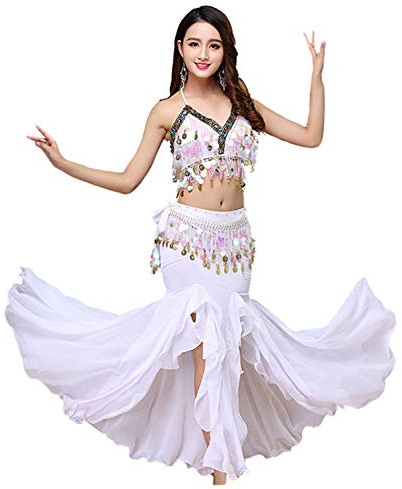 ORIDOOR Women's Belly Dance Dress Set - Bra Top, Waist Belt & Chiffon Skirt - White