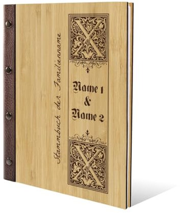 Personalisiertes Stammbuch Hochzeit aus echtem Holz mit Leder Rücken A5 oder A4 inkl. vorgedruckten Seiten - Siegelbrief