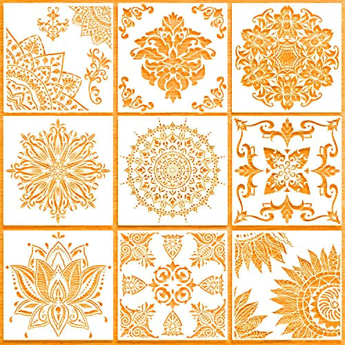 ZUZGO Schablone Mandala Groß 30cm x 30cm Wandschablone Wiederverwendbare Wandgestaltung Dotting Set für Malen Holz Stein Stoffen Metall Möbeln (9 Stück)