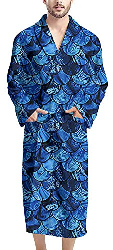 HUGS IDEA Herren-Bademantel, warm und gemütlich, Hausmantel, Nachtwäsche, mit Taschen, Gürtel, Tier, Leopardenmuster, Blume, Bohemian-Stil, Blaue Meerjungfrauen-Schuppen, Einheitsgröße