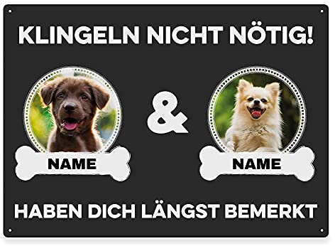Hunde Schild personalisiert - Klingeln nicht nötig - Metallschild mit Foto und Name für außen, wetterfestes Türschild für Hundebesitzer - ca. DIN A4-28 x 20 cm, zwei Tiere, anthrazit