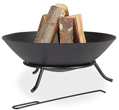 Relaxdays Feuerschale, mit Schürhaken, für Garten & Terrasse, HxD: 23 x 57 cm, Gusseisen & Stahl, Feuerkorb, schwarz