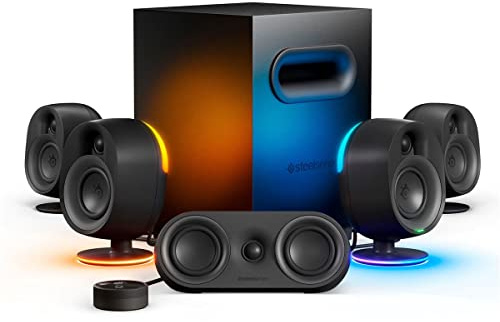 SteelSeries Arena 9 Illuminated 5.1 Desktop Gaming Speakers – 5.1 USB Surround Sound – Wireless Rear Speakers – 2-Way Speaker Design – Subwoofer – RGB Light, Bluetooth – PC, PlayStation, Mobile, Mac