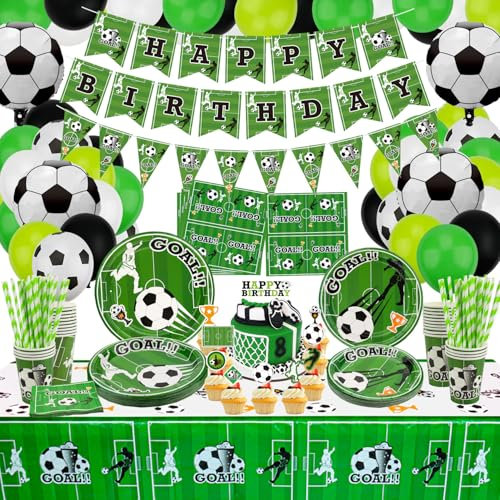 Decoracion cumpleaños futbol, Incluye bandera de fútbol, platos, servilletas, vasos, mantel y pajitas de papel para decoraciones de cumpleaños con temática deportiva para niños, para 20 invitados