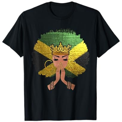 Jamaican Flag Black Woman Melanin Queen Afro Pray T-Shirt