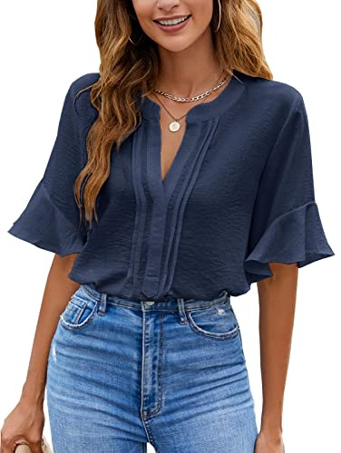 BMJL Womens Denim Shirt Business Casual Button Down Work Blouses Puff Sleeve Summer Tops