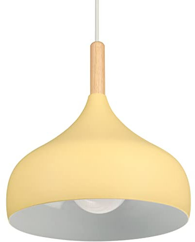 iDEGU Hängelampe Retro 24cm Hängeleuchte Moderne Skandinavisch E27 Deckenleuchte aus Metall Holz Pendelleuchte für Schlafzimmer Esszimmer Küche Wohnzimmer (Hellgelb,1 Stück)