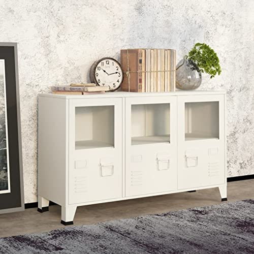 ZEYUAN Industrial Sideboard, Kommode Schlafzimmer, Kommoden & Sideboards, Wohnzimmerschrank, Flur Kommode, Zimmer Möbel, Weiß 105x35x62 cm Metall und Glas