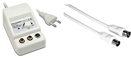 Metronic - 332177, Amplificatore antenna TV da interno per canali TDT, compatibile 4G/5G, 26 dB, 2 uscite con presa TV 9,52 mm, bianco & Hama - Cavo antenna M/F, 75 ohm, 1,5 metri, bianco