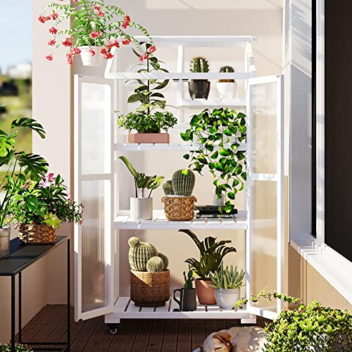 Polibi Wooden Greenhouse, Cold Frame Portable Greenhouse with Wheels and Adjustable Shelves for Indoor Outdoor Patio Balcony Garden, 31.5 Lx22.4 Wx62 H, White