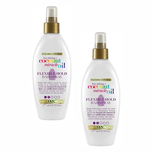 2 x OGX Coconut Miracle Oil Flexible Hold Hairspray | Hydrate with Shine-Enhancing Soft & Stylish Finish | Infused with Argan Oil & Vanilla Extract | Hair Protection for Frizzy Dry Hair | 177ml