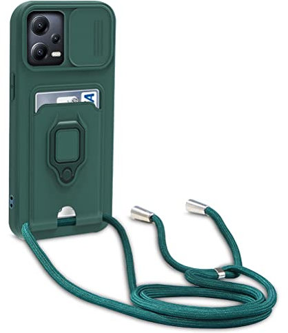 yanasuo Protección de Cámara Funda Compatible con Xiaomi Poco X5 Pro 5G/Redmi Note 12 Pro 5G, con Anillo Soporte, Ajustable Collar Correa de Cuello Cordón Carcasa de Silicona-Verde Oscuro