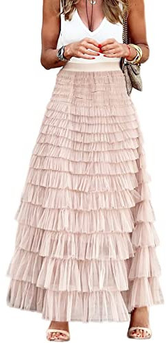 Perbai Jupe longue taille haute en tulle à plusieurs niveaux pour femme, rose, X-Large