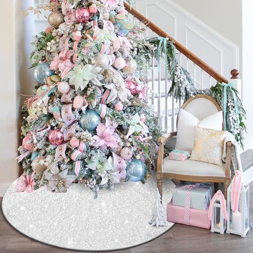 yuboo Falda blanca pequeña para árbol de Navidad, falda de árbol de lentejuelas blancas de 36 pulgadas, decoración de Navidad para árbol delgado y árboles artificiales