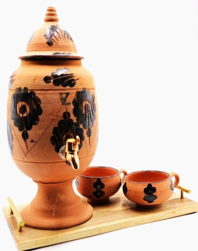 JARRE EN TERRE CUITE AVEC ROBINET : UNE MANIÈRE NATURELLE DE PURIFIER VOTRE EAU - ENSEMBLE COMPLET AVEC 2 TASSES ET UN PLATEAU EN BOIS INCLUS, CAPACITÉ DE 3+ ou - LITRES