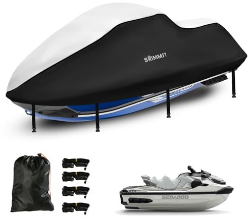 Jet Ski Abdeckung Seadoo,wasserdichte,420D Schwerlast Jet Ski Abdeckung für Yamaha,2 BelüFtungsöFfnungen,Wind- Und Staubdicht, Schutz Im Freien (Geeignet FüR MotorbootläNge 307–343CM,Silber Schwarz)