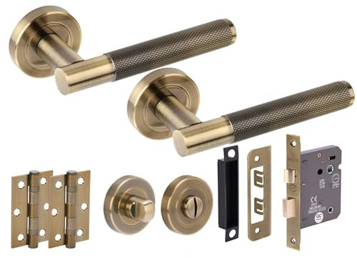 Hunta HANDLEZONE® Evo Knurled Grip Door Handles on Rose Bathroom Lock Pack with 76mm Lock, Standard Turn Set, 75mm Ball Bearing Hinges - Antique Bronze