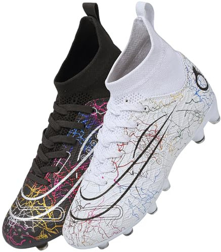 Dhinash Boys' and Girls' Football Boots - Kids Astro Turf Trainers, Soccer Cleats, Junior Sports Shoes, Outdoor Athletic Sneakers - Unisex W028 Black White 1UK