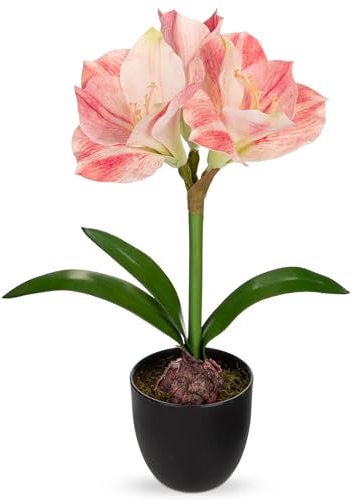 Arborus Künstliche Amaryllis Kunstblumen Rosa 44 cm Künstliche Blumen im Schwarzen Topf Dekoblumen Frühling Plastik Blumen Tisch Regal Fensterbank Balkon Deko im Wohnzimmer Schlafzimmer Badezimmer