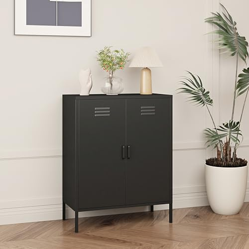 [en.casa] Aktenschrank Pyhäranta Metallschrank mit 2 Türen Büroschrank 102 x 80 x 40 cm Mehrzweckschrank Stahl Schwarz matt