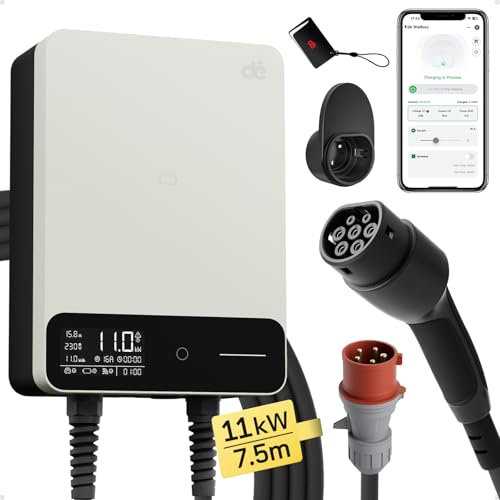 dé Typ 2 Wallbox 11kW RFID 6-16A 3-Phasen EV-Ladegerät 400V mit 7,5 m Ladekabel und Kabelhalter für BEV/PHEV, RCD Typ-B & IP54-Schutz, effiziente Ladestation für Zuhause,Weiß