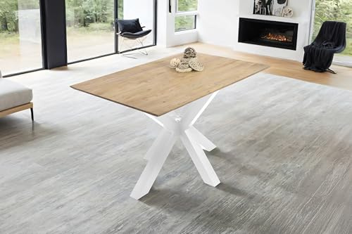 SAM Esstisch 140 x 80 cm Dean, Massivholztisch Eiche, Schweizer Kante, Esszimmertisch mit Spider-Gestell aus Metall Weiß, pflegeleichter Holztisch