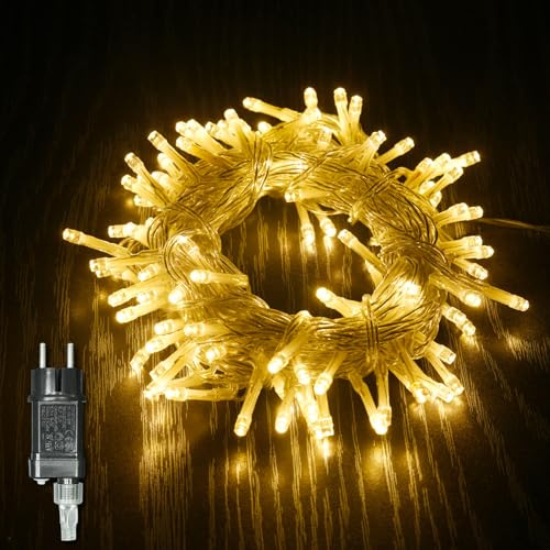 ALLBASA Guirlande Lumineuse 8 Mode 10M 100 LED, Décoration Romantique pour Sapin de Noël Mariage Fête,Guirlande Intérieure (new Blanc chaud, Fil Transparent)