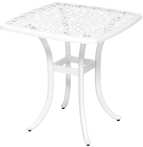 Outsunny Petite table de jardin carrée en fonte d'aluminium avec trou pour parasol, table d'appoint pour terrasse, balcon, bord de piscine, 53 x 53 cm, blanc