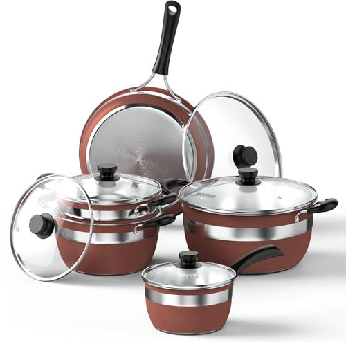 VBGK Pots and Pans Set Stainless Steel Cookware Set 10 Piece,Non Toxic Kitchen Induction Cookware Set,Kitchen Cooking Set with Tempered Glass lid & Stay-Cool Handle,Dishwasher Oven Safe,Stackable