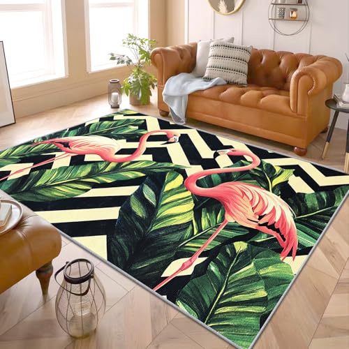PaxGloz Flamingo Teppich - Teppiche Wohnzimmer Schlafzimmer Tropische Vögel, Kleiner Teppich Palmenblätter, Weich Kurzflor & Waschbar & rutschfest Fussmatte Innen, Kinderteppich 60x90 cm