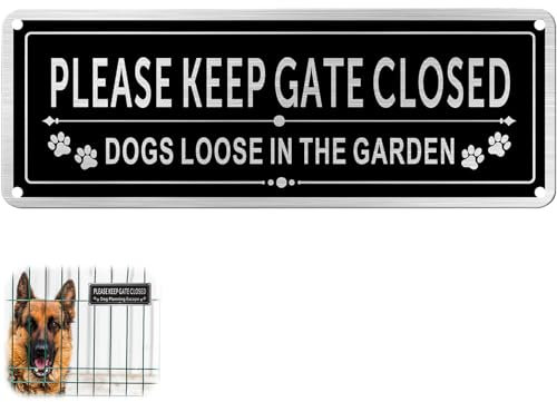 Please Close the Gate Sign Dog, Dog Signs for Gates 25 * 9CM Aluminum Brushed, UV Resistant, Waterproof Durable, Fade Resistant Suitable for Outdoor Fencing (Black)