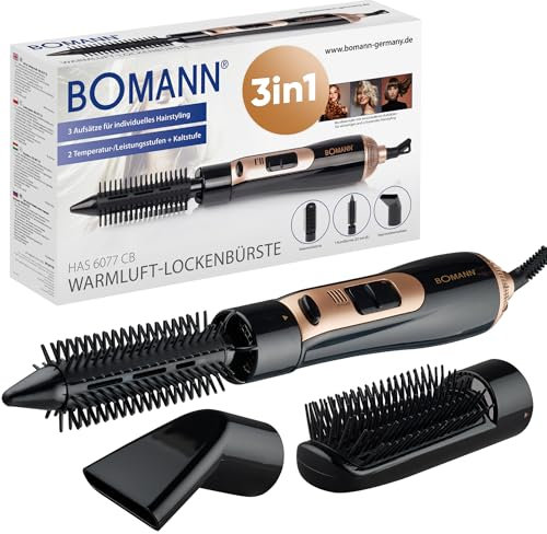 Bomann Warmluftbürste 3 Aufsätze | für alle Haarlängen | Föhnbürste mit Kaltstufe für Style-Fix | 2 Stufen | Rundbürstenföhn Hairstyler | 360° Kabel | Warmluftbürste für kurze Haare | HAS 6077 CB