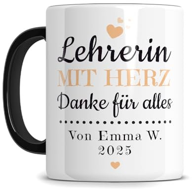 Lehrerin Tasse personalisiert, Geschenk für Lehrerin, Geschenk Kollegen Schule, Kaffee-Tasse Danke für alles - 330ml - weiß glanz, Henkel und Innenleben schwarz.