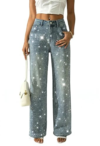 heipeiwa Damen Strass-Jeans, weites Bein, Denim-Hose, hohe Taille, funkelnd, glänzend, Pailletten, Hosen-Outfit