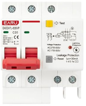 Disjoncteur, Disjoncteur Différentiel Disjoncteur différentiel 2P 230 V SPD avec protection contre les surtensions et les surcharges, disjoncteur différentiel avec protection contre la foudre et les f
