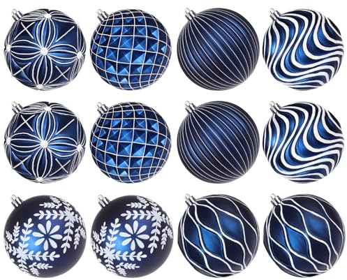 Lanpn 12 Pcs 10cm Bolas de Navidad Grandes, XXL Bola Árbol Navideñas Exterior, Esferas Navidad Inastillable de Relieve Patrón, Adornos Navideña Colgante para Hogar Jardines Patios, Azul & Blanco