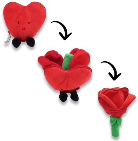 FLIPETZ - Plüschtier, verwandelbar, 2-in-1, Herz, das Sich in eine Blume verwandelt, Rot, kreatives Design mit Reißverschluss, Valentinstagsgeschenk, 21 bis 28 cm