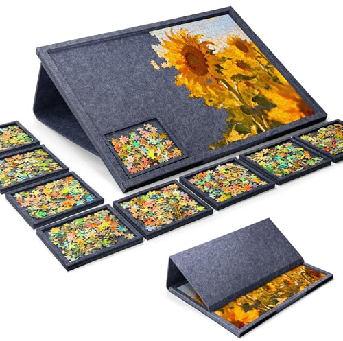 PP OPOUNT 1000 Piece Tilting Felt Puzzle Board for Adults, Grey | 9pcs Removal Sorting Trays, 2-in-1 Designed Stand & Cover, Lightweight, Portable Jigsaw Puzzle Board with Non-Slip Surface