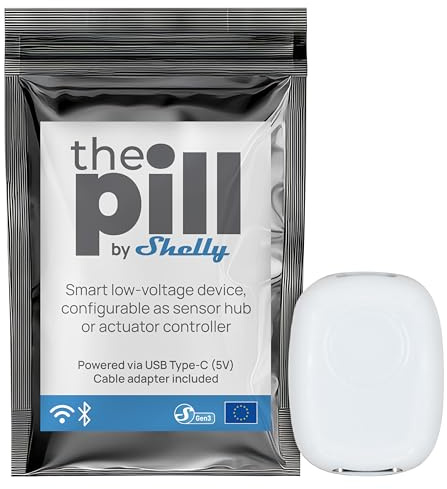 The Pill by Shelly - WLAN- und Bluetooth-Gerät das mit Verschiedenen Sensoren Verbunden Werden Kann, USB-C, Temperatur, Luftfeuchtigkeit, Überwachung, Steuerung von DC-Lasten, 3 Ein-/Ausgänge