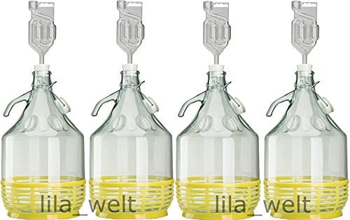 lilawelt24 4 x Set 5L Bügelflasche + Stopfen + Gärröhrchen Weinballon Gärballon Glasflasche Bügelverschluß Gärbehälter