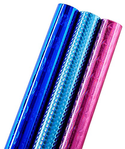 Rouleau de Papier Cadeau, 3 Rouleaux Papier Emballage Holographique Brillant Irisé pour Anniversaire, 3 Motifs, 44 cm x 5,2 Mètres