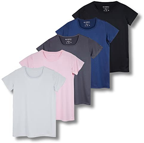 5 Pack: Womens Quick Dry Fit Dri Fit Active Wear Yoga Workout Athletic Tops Essentials Clothes Running Gym Zumba Exercise Ladies Short Sleeve Crew Scoop Neck Moisture Wicking Tees T-Shirt - Set 6,M