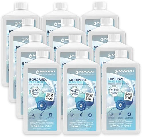 Maxxi Clean | 12x 750 ml reines Isopropanol (99,9%) Reinigungsalkohol | Fettlöser & Lösungsmittel | rückstandsfrei anwendbar zur Reinigung von elekt. Bauteilen, Schallplatten, Druckköpfen und mehr