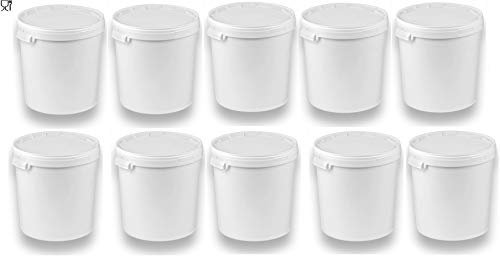 10 x 30 Liter Eimer mit Deckel weiß, stapelbarerer Milch-/Vorratseimer, Honigeimer Kunststoffeimer mit Lebensmittelfreigabe, Lebensmittelechte Behälter, Leereimer für Mehl, Wassereimer, 10 Stück