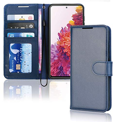 TECHGEAR Galaxy S20 FE Leather Wallet Case, Flip Protective Case Cover with Wallet Card Holder, Stand and Wrist Strap - Blue PU Leather with Magnetic Closure Designed For Samsung S20 Fan Edition